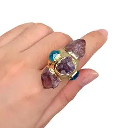 YYGEM Natural Purple Amethyst Point Druzy Rough Blue Crystal Ring Gold Plated Adjustable Gems Ring