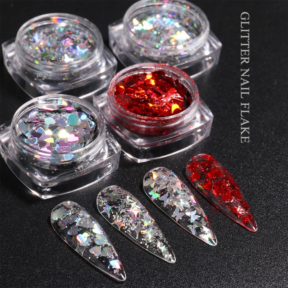 Purpurina holográfica para uñas, copos de lentejuelas de mariposa, espejo brillante, corazón, estrella, Aurora, diseño de decoración 3D, GLHB01-04