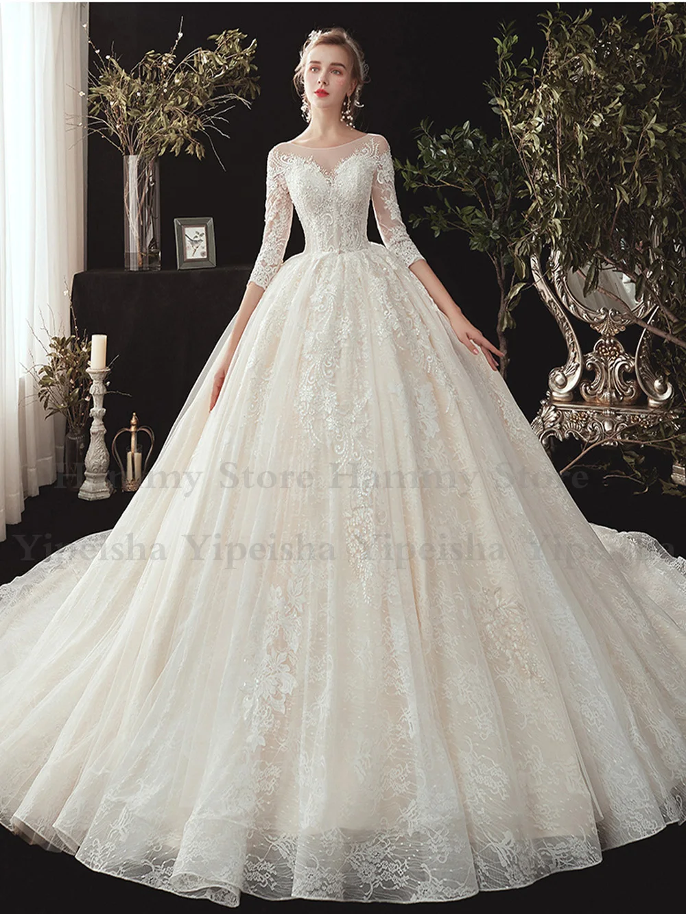 Luxury Lace Wedding Dresses 2022 Long Sleeves O Neck Beads Pearls Ball Gown Bride  Court Train Exquisite Bridal Gowns