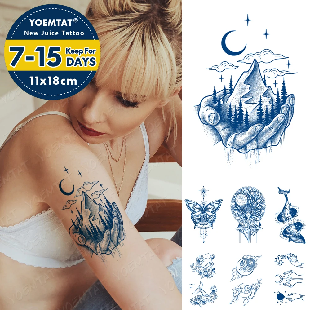 

Juice Lasting Ink Tattoos Body Art Waterproof Temporary Tattoo Stickers Mountain Forest Tatoo Arm Fake Sky Whale Sea Tatto Women