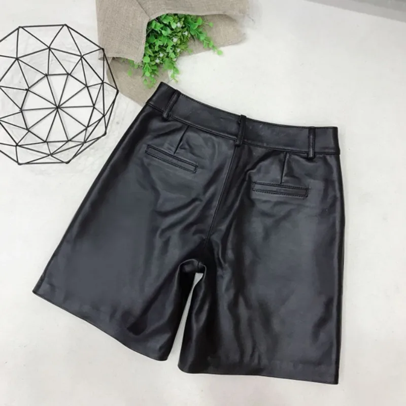 Fashion Casual Knee Length Shorts Women Loose Fit High Waist Sheepskin Genuine Leather Shorts Joggers Short Trousers Female 3XL