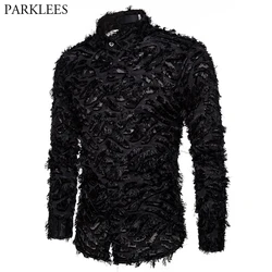 Sexy Black Feather Lace Shirt Men 2023 Fashion See Through Clubwear Dress Shirts Mens Event Party Prom Transparent Chemise S-3XL