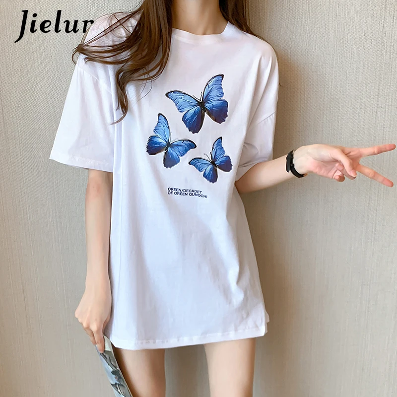 Jielur morada-Camiseta de algodón para mujer, Top de manga corta con mariposa, Camiseta holgada para mujer, camisetas negras de calle de talla M-XXL