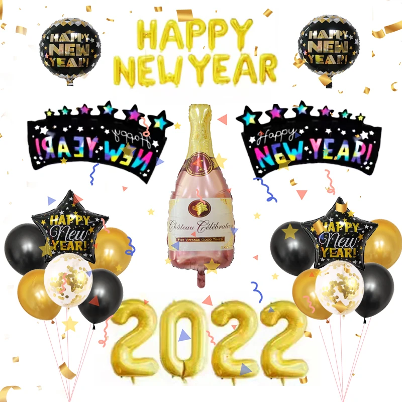 2022 New Years Eve Party Decoration 2022 Foil Balloons Large 32 Inch Number balloons Gold Black Happy New Year Party Supplies