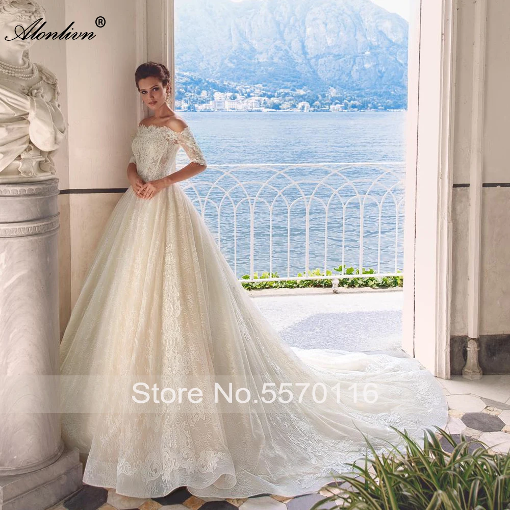 Alonlivn Elegant Lace A-Line Wedding Gowns Boat Neck Delicate Off The Shoulder Half Sleeves Bridal Dresses