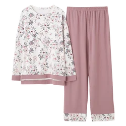 Conjunto de pijama manga comprida feminina, 100% algodão, estampado, tops, calças compridas, outono, 2 peças, M-5XL