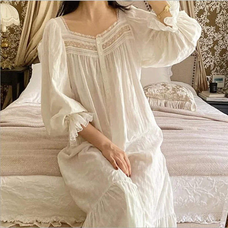 Women Cotton Sleepwear White Loose Mid-Calf Long Home Dress Spring Autumn Full Sleeves Nightwear Princess Vintage Nightgowns