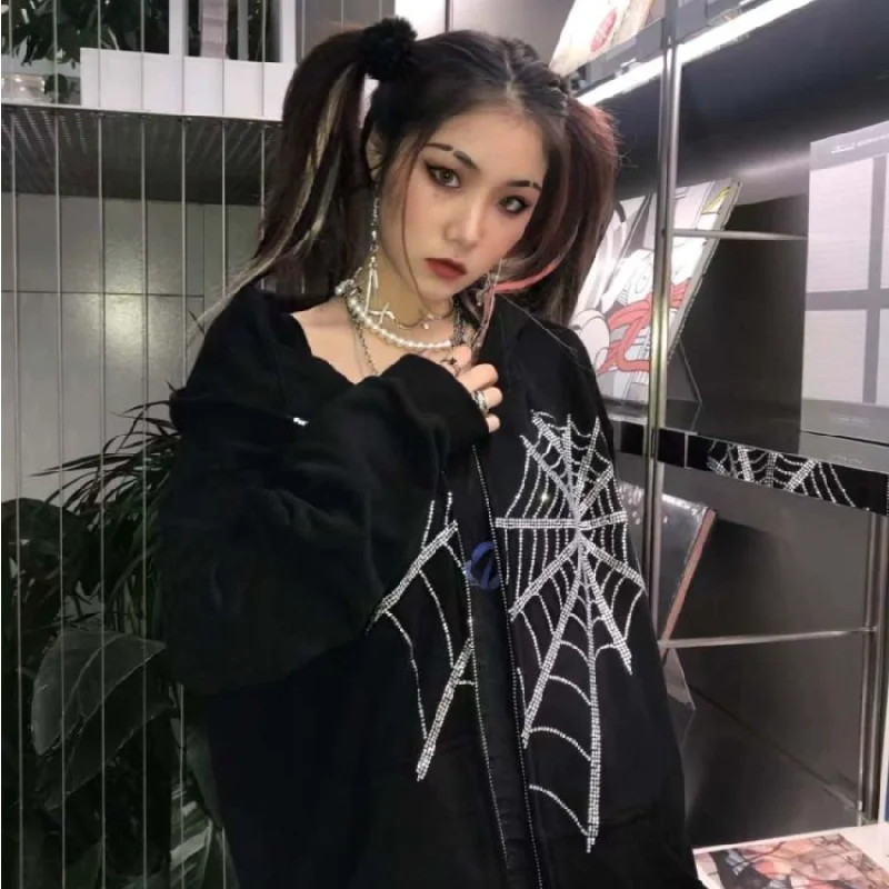 Y2K Gothic Rhinestone Spider Web Zipper Hoodies Women Harajuku Punk Oversized Sweatshirts Autumn Streetwear Loose Hooded Jacket