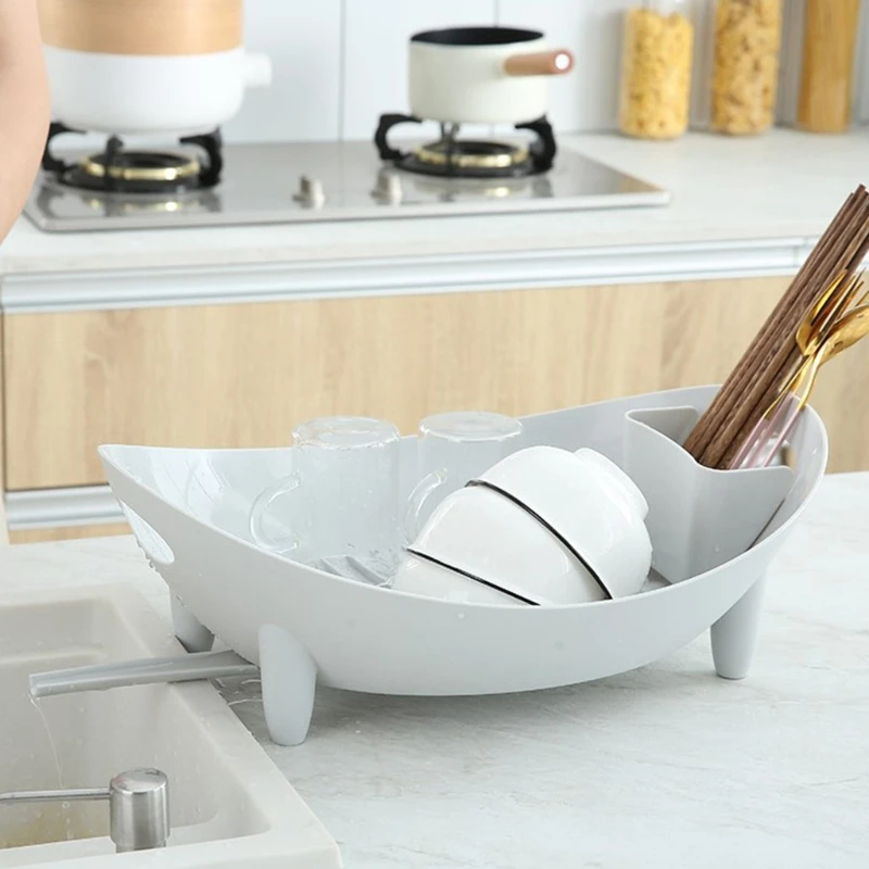 Dish Drying Rack Oval Shaped Drainer with Utensil Holder Plate Bowl Cutlery Storage Container Vegetable Basket Kitchen Counter C