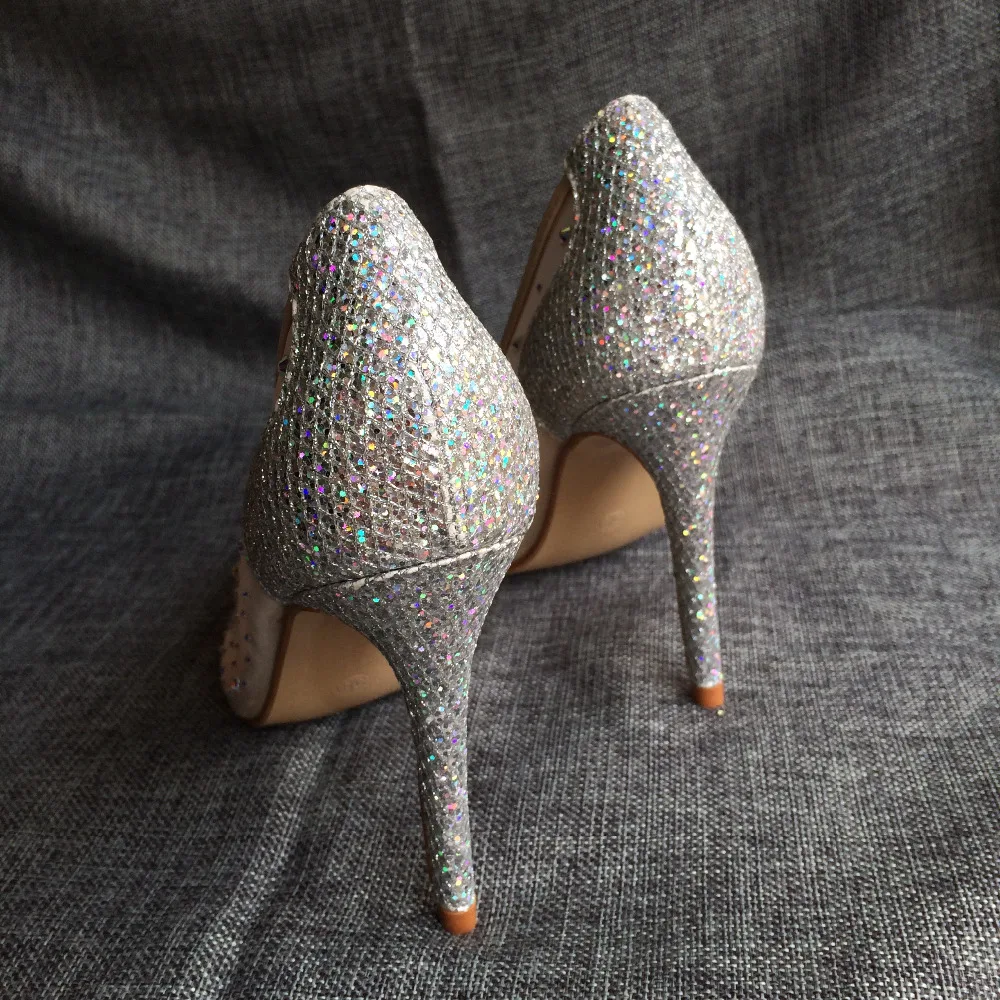 Veowalk Summer Bling Silver See-through Women Stiletto High Heels Sexy Ladies Shiny Pointed Toe Pumps Fashion Wedding Shoes