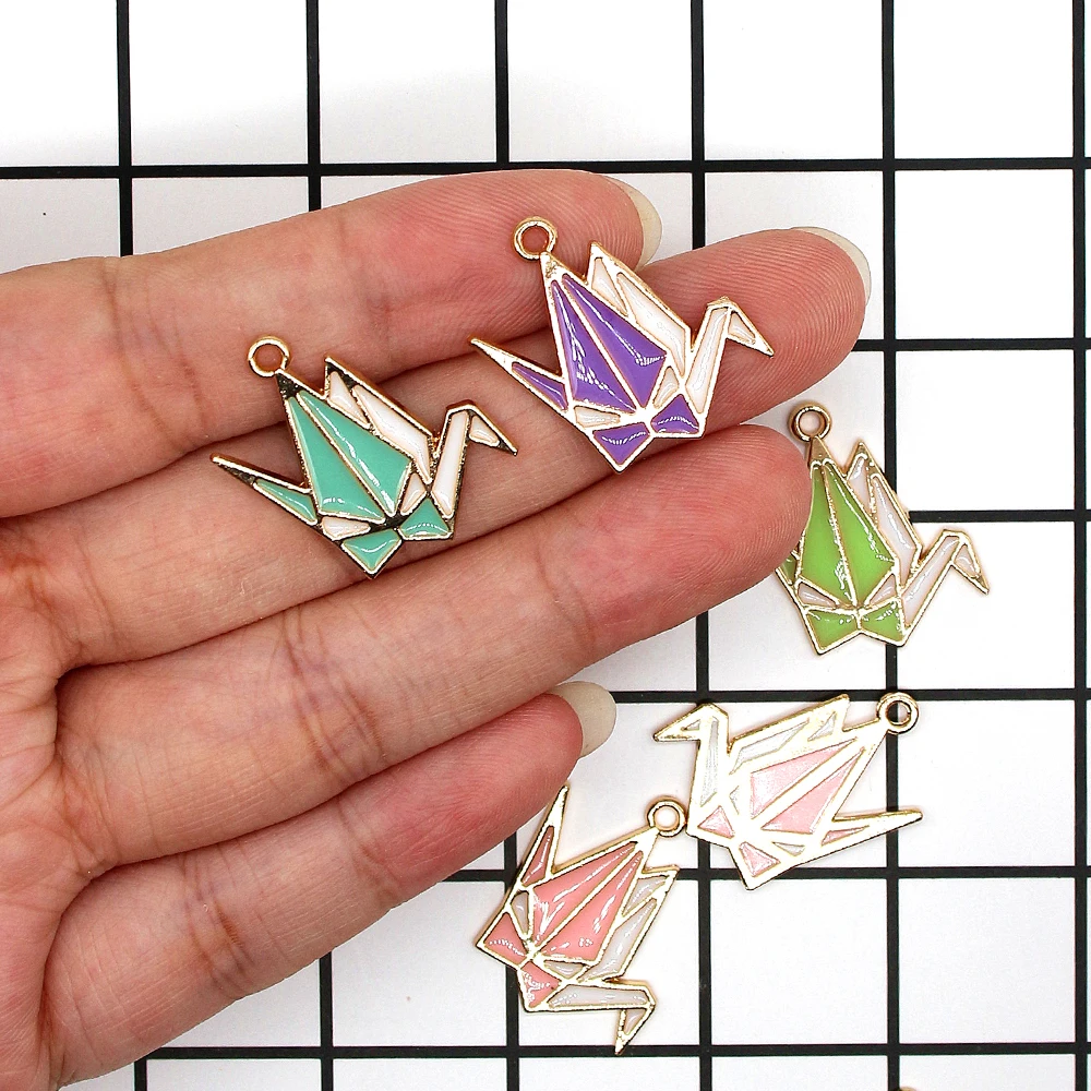 10pcs Transparent Drop Oil Thousand Paper Crane Enamel Charms Gold Color Metal Pendants Fit Jewelry Earring Bracelet DIY Finding