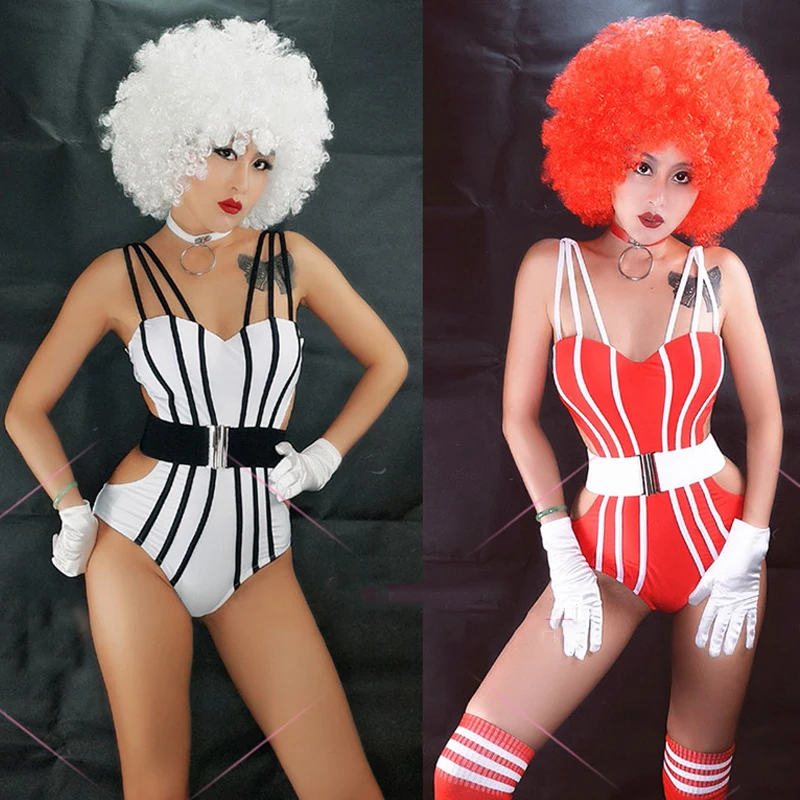 Sexy Jazz Dance Costume Ladies Singer Stage Clothes Suspender Striped Bodysuit Gogo Dancer Show Drag Queen Dj Clothing DNV14905