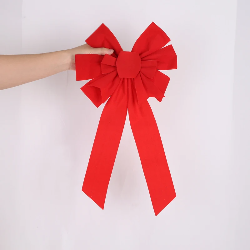 Long Christmas Bow Red Flock Ribbon Christmas Tree Bows Decoration Bowknot Large Bow Tie Christmas Decorations For Home