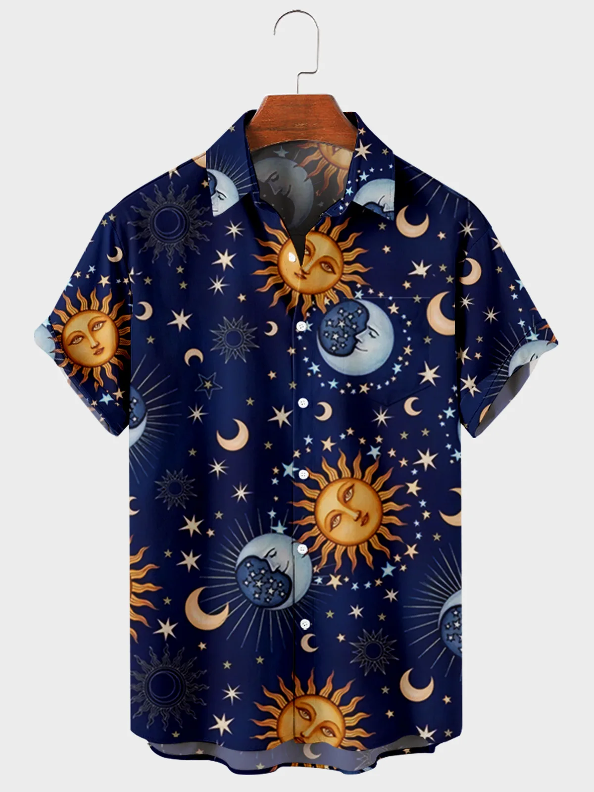 2022 Summer Fashion Hawaii Beach Short Sleeve Casual Shirts Men\'s Moon And Sun Print Blouse Clothing