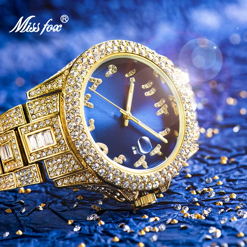 MISSFOX Men's Wrist Watch Diamond Top Selling Blue Watch Men Waterproof Brand Luxury 18k Gold Calendar Steel Relogio Masculino