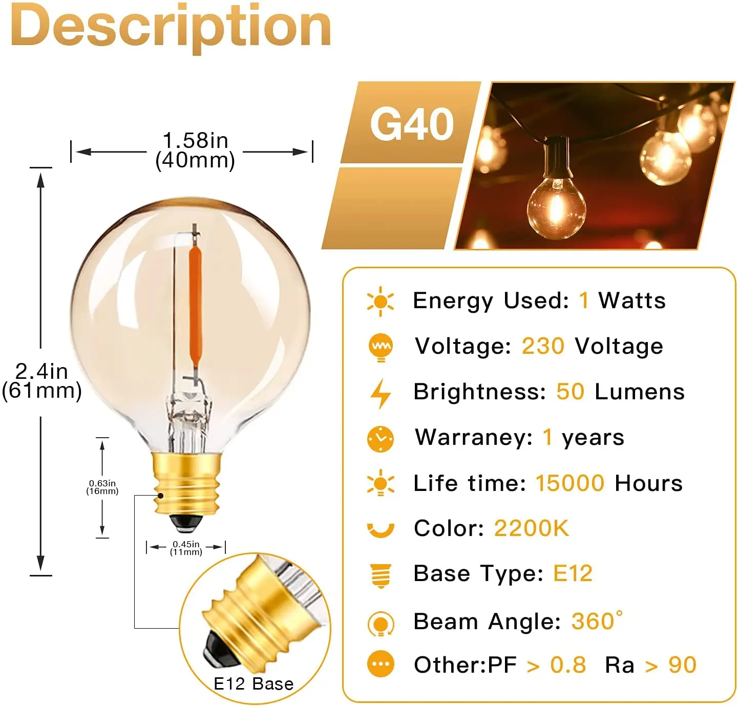 25Pcs G40 1W LED Filament Light Bulb E12 Replacement 110V 220V 7W Incandescent Equivalent Amber Glass Vintage Edison Ampoule