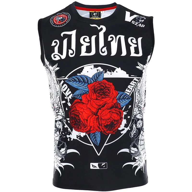 VSZAP-Sleeveless Boxing Sports T Shirt, Rose MMA Shorts, Muay Thai Fighting, Fitness Elasticity Shirt, MMA Clothing