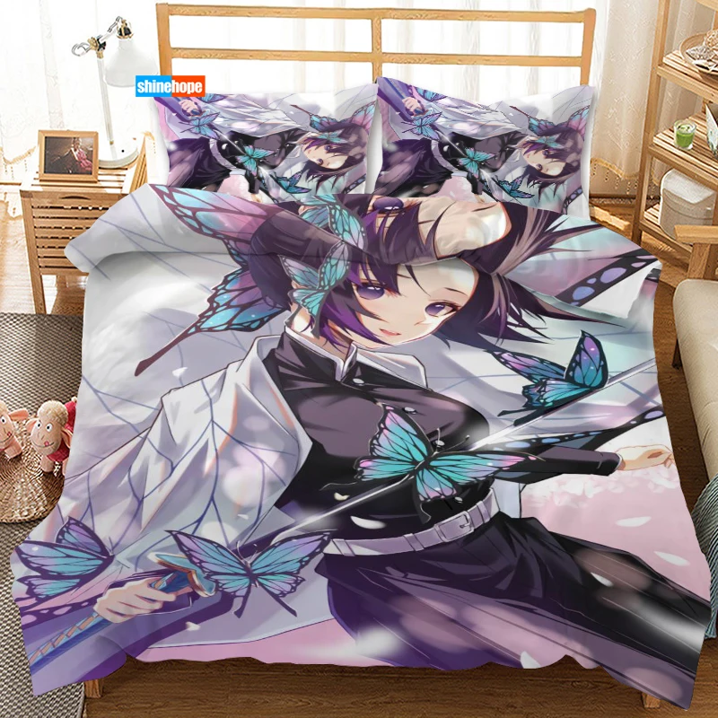 3 Pcs Luxury Duvet Cover Set Fashion Kochou Shinobu Anime Bedding Sets Comforter Duvet Cover Pillowcase Home Textiles