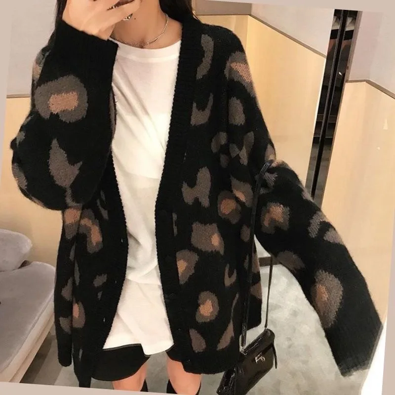 Cardigan Women Stylish 3XL Loose Leopard Outerwear Chic Autumn Womens Street Wear Sweet Korean Style Warm  Fashion Comfortable