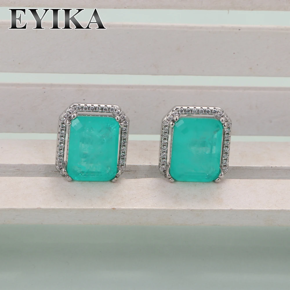 

EYIKA Vintage Paraiba Tourmaline Blue Square Stud Earrings Multicolor Crystal Zircon Ear Nail Women Statement Party Jewelry