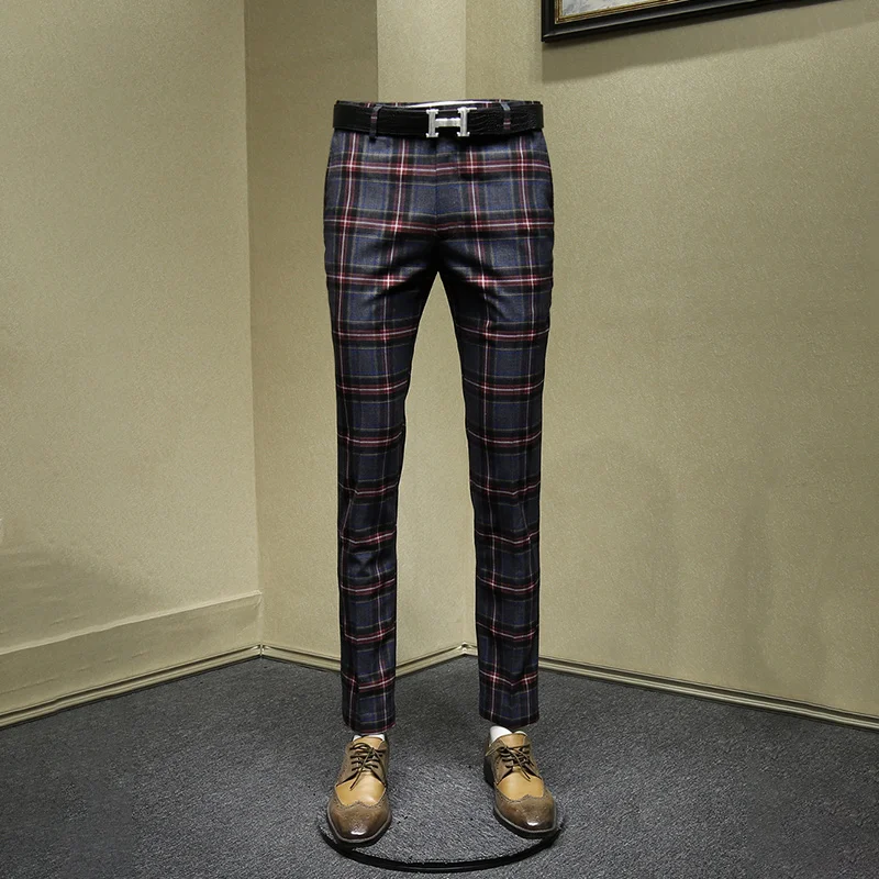 men pants retro slim business man streetwear England style red plaid mens pants autumn spring young mans clothing 30 36