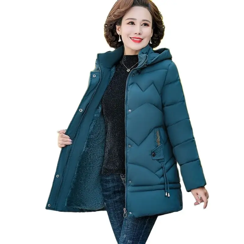 Winter Jacket Middle-aged mother\'s Clothing Hooded Parkas Loose Plus velvet Thick Winter Coat Female Warm Zipper Parka Outwear