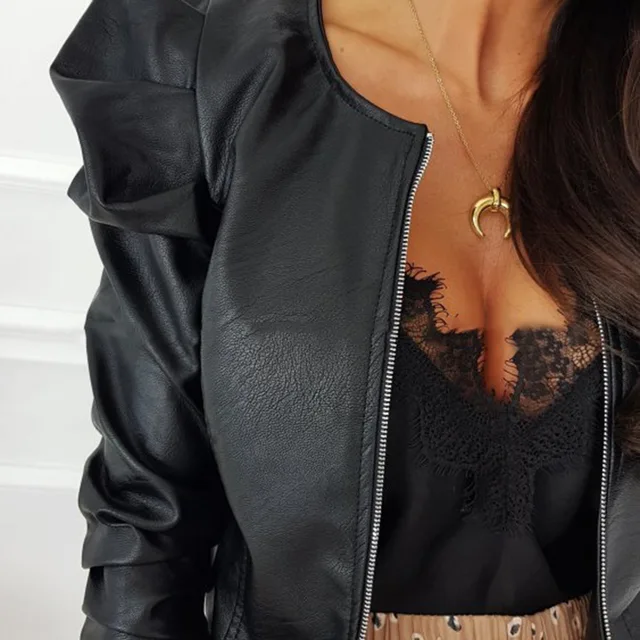 Black Faux Leather Jacket For Women Fashion Pu Leather Lady Coat Jackets With Zipper Outerwear Long Sleeve O Neck Female Top 4 Black Faux Leather Jacket For Women Fashion Pu – view 4