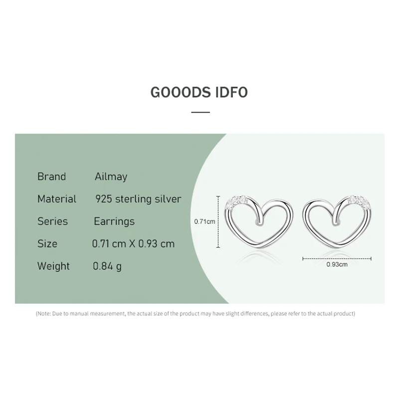 Ailmay Genuine 925 Sterling Silver Simple Romantic Heart Design Stud Earrings For Women Wedding Statement Fine Silver Jewelry