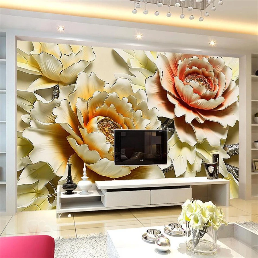 

Customized 3D Peony Relief Background Wall Resin Flower Mural Living Room Bedroom Decoration Painting papel de pared wallpapers