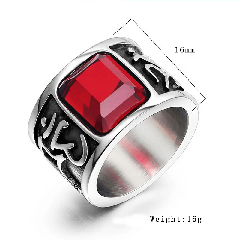 Vintage Men Six Words Mantra Red Stone Ring 316L Stainless Steel Biker Ring Om Mani Padme Hum Buddhist Jewelry Gifts For Him