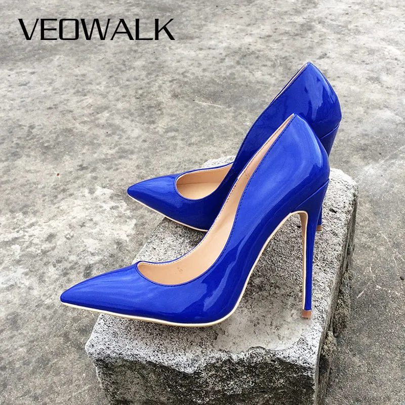 Veowalk décolleté classiche da donna in vernice blu Royal décolleté da donna tacchi a spillo tacchi alti estremi su misura accetta