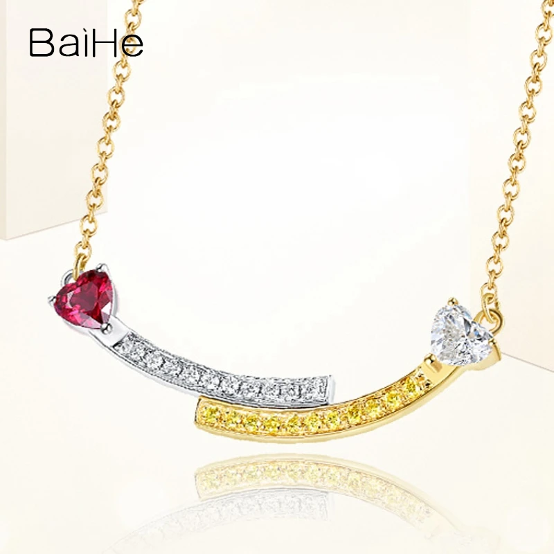 BAIHE Solid 18K White Yellow Gold Natural Ruby White Diamond Yellow Diamond Necklace Women Fine Jewelry Collar Clavicle Chain