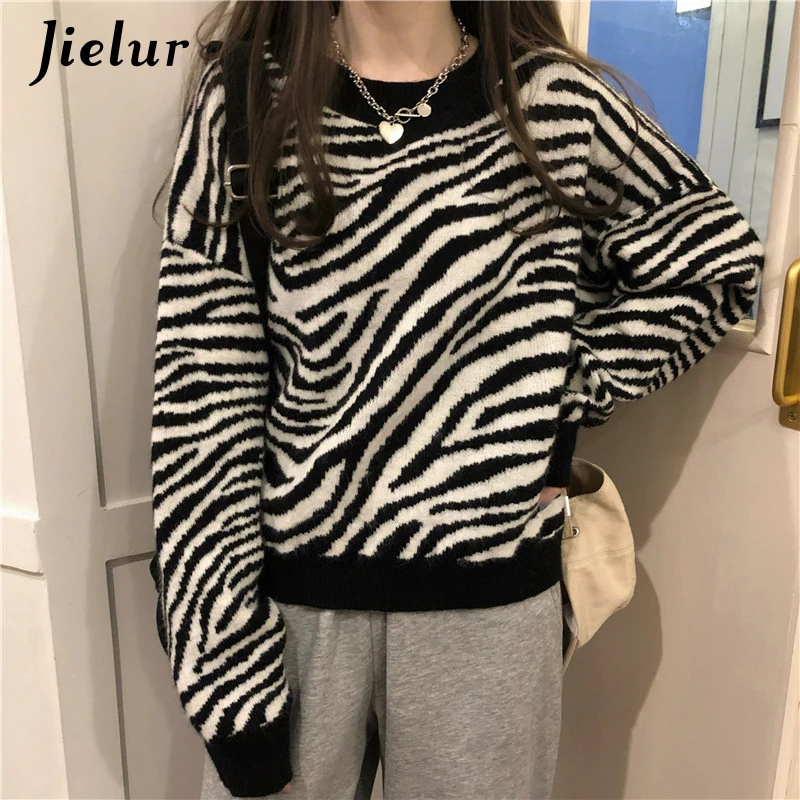 Jielur Winter Harajuku Women's Sweater Loose Pullovers Ladies Soft Striped Zebra Chic Korean Knitted Sweaters O-Neck Casual Top