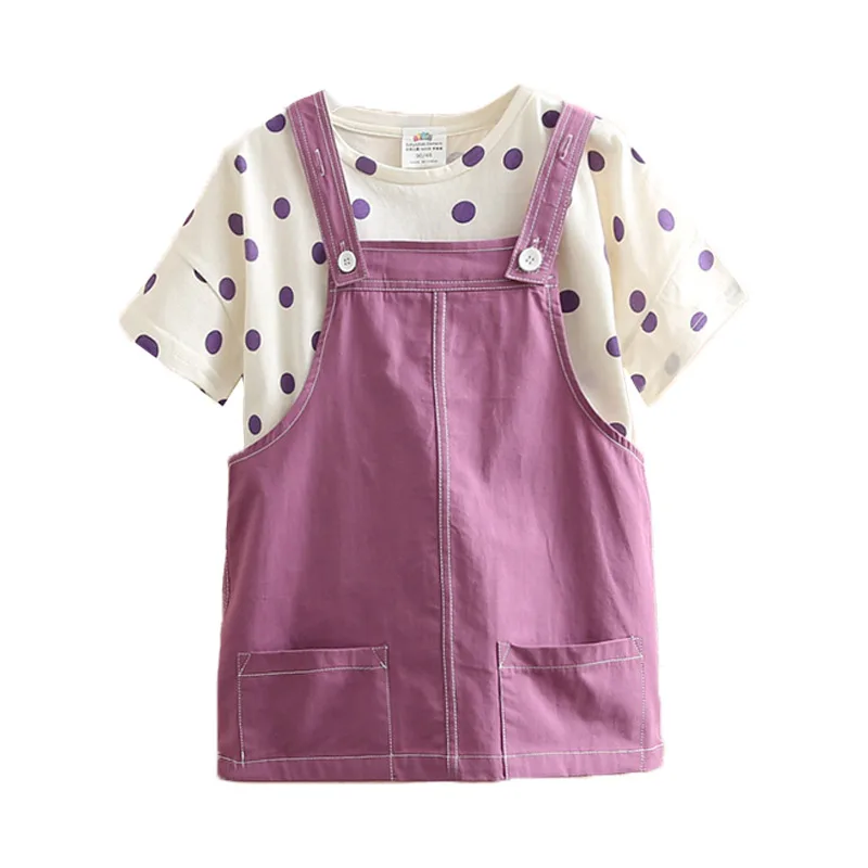 2023 Summer New 3 4 5 6 8 10 Years Baby Overalls Cotton Dress+Short Sleeve Dots T-shirt 2 Pieces School Kids Girls Clothes Set