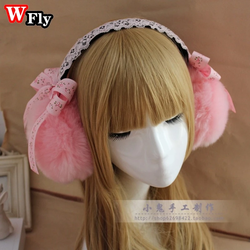 Sweet Lolita Women Girls Lace Bow Plush Warm Earmuffs student children Lovely Warmer Ear Cover Ear muffs Headband Accessories