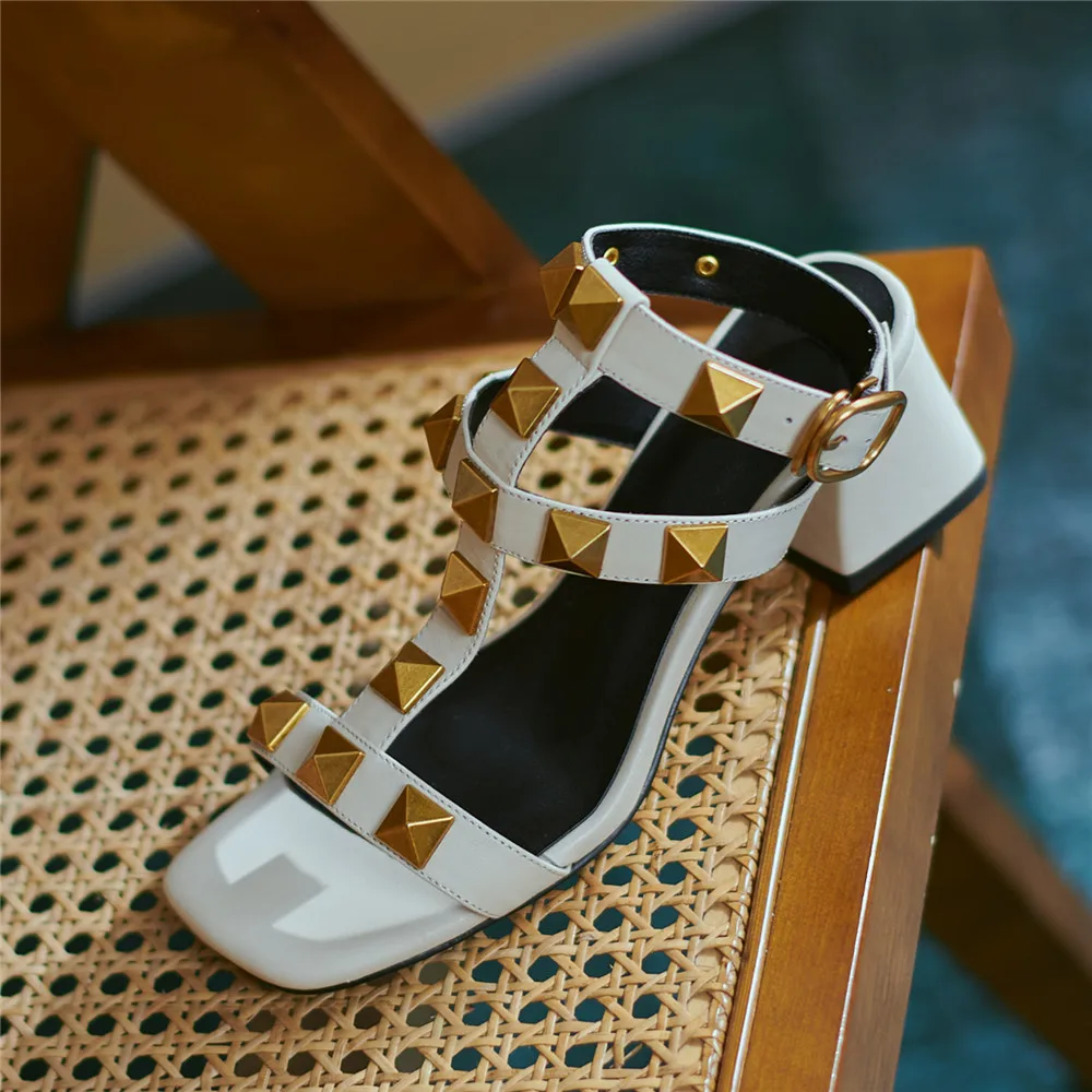 MILI-MIYA Fashion Rivet Design Women Cow Leather Sandals Square Heels Ankle Wrap Buckle Strap Round Toe Summer Shoes Handmade