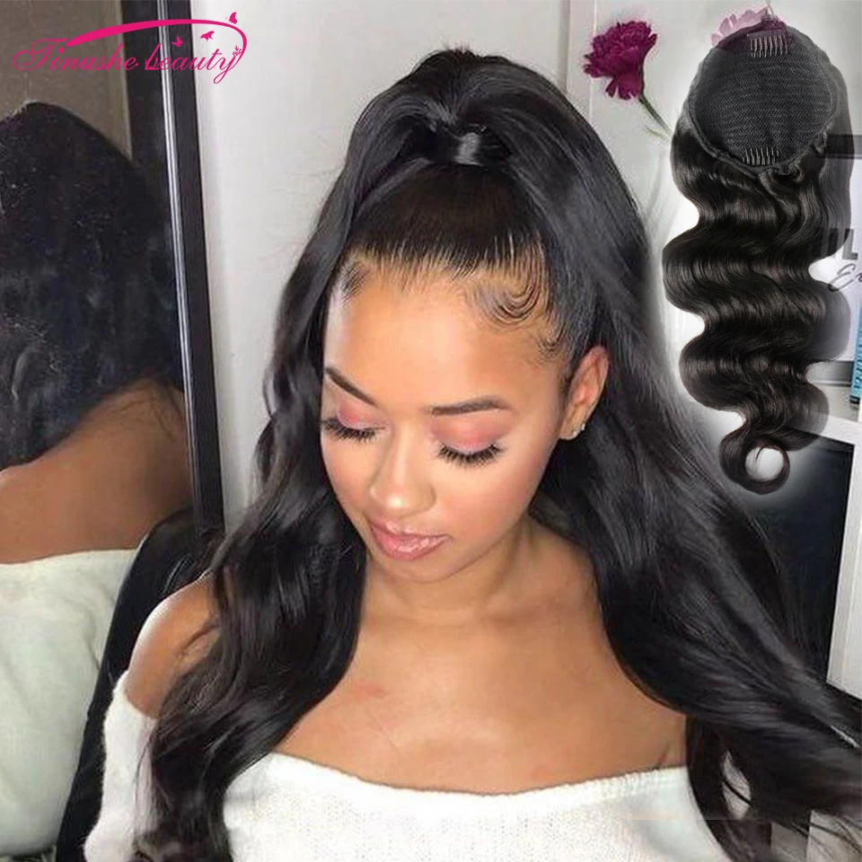 Tinashe Beauty-Cola de Caballo ondulada para mujer negra, extensión de cabello humano, Clip de cordón, cola de caballo Remy brasileña, negro Natural