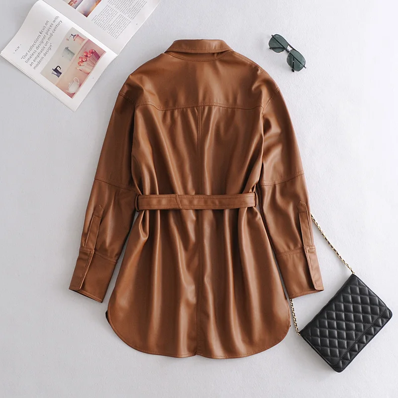 2021 marke Faux Weiche Lederjacken Mäntel Dame Khaki einreiher Pu Shirt Neue Herbst Winter Casual Langarm Tops bluse