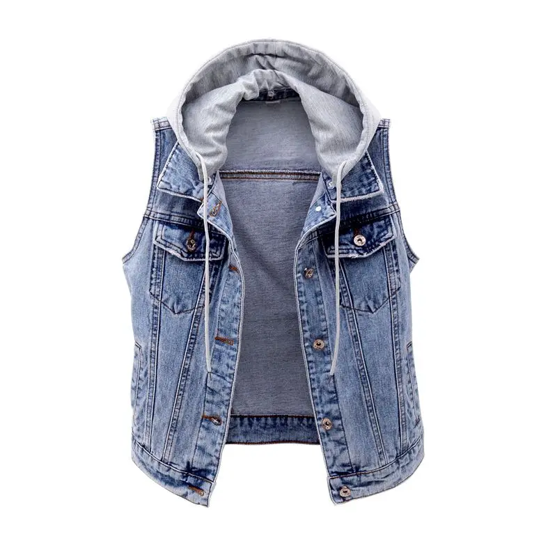 Femmes Short Denim Vest Women Detachable Hooded Coat Spring Summer Side Pockets Sleeveless Jeans Jacket Female Tops-