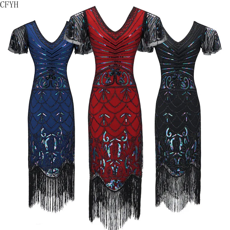 

1920s Great Gatsby Robe Sequined Embellished Fringed Dress V-Neck Tassel Flapper Dress Party Dresses Vestidos Verano New