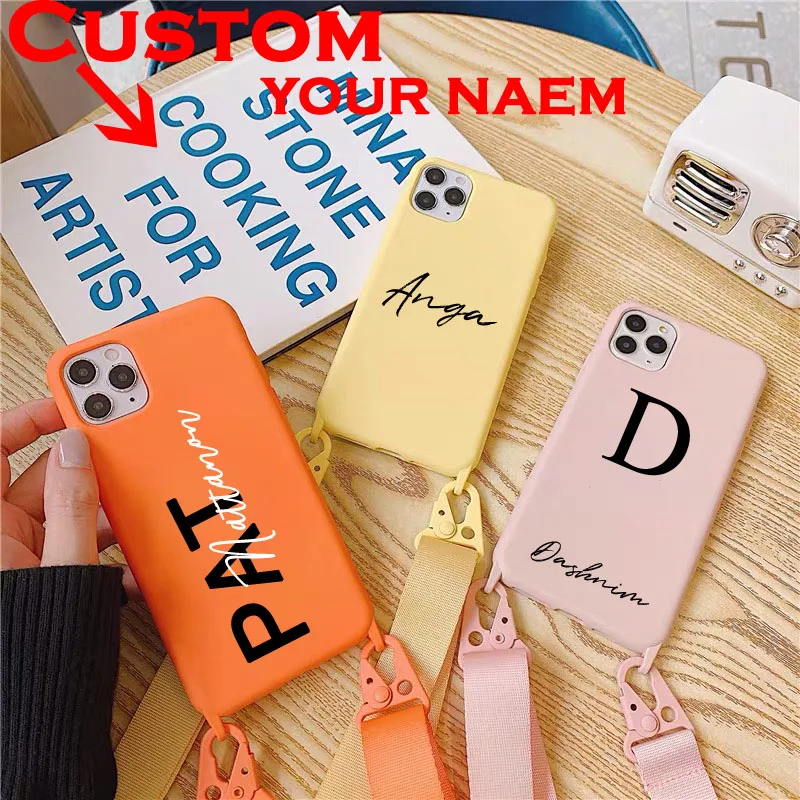 Custom Name Logo Picture TPU case with Sling for iphone13 12 11 Pro Max 7 8 6 6s Plus X XR XSMax Cover Shoulder Strap Soft Cases