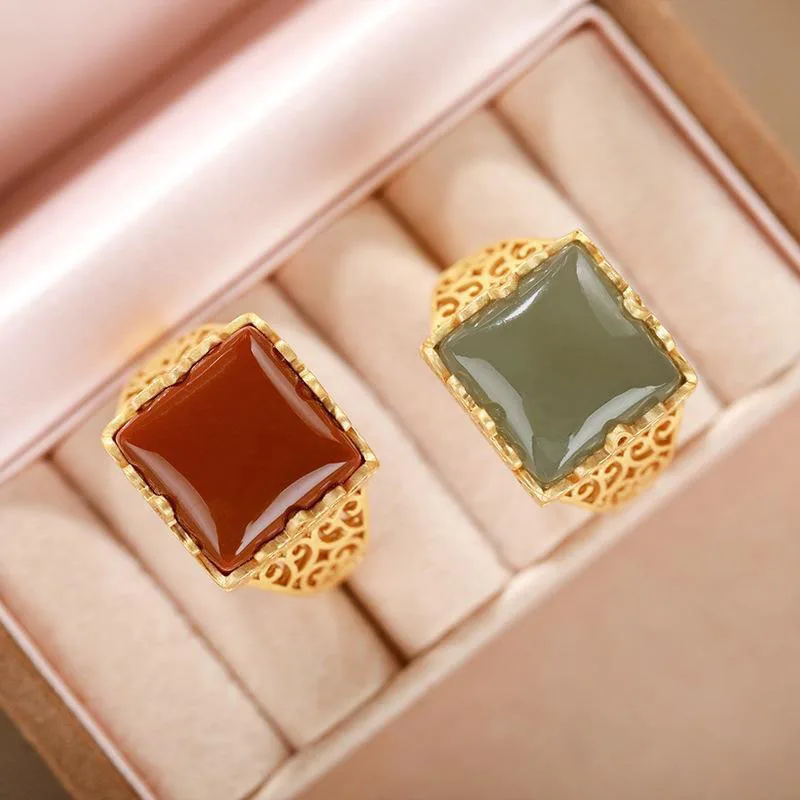 

Original design inlaid natural Hetian chalcedony hollow opening adjustable ring Chinese retro palace style ladies jewelry