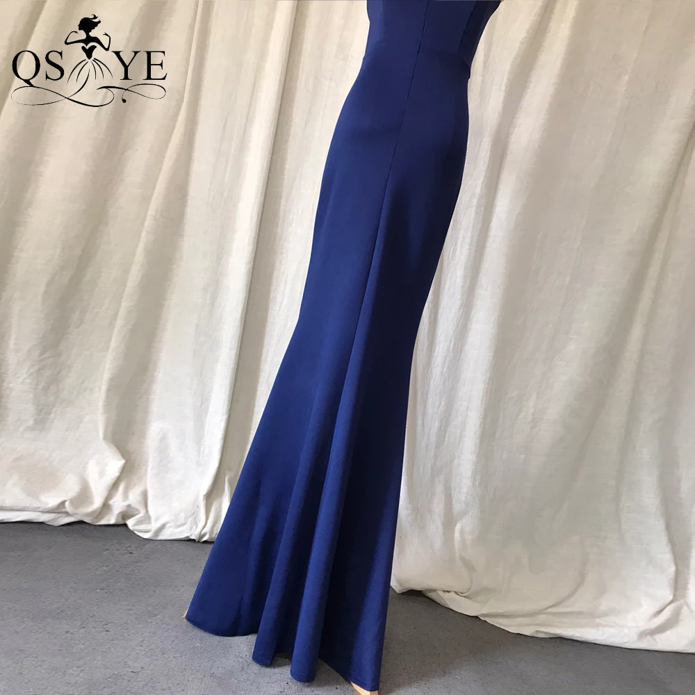 Simple Navy Evening Dress Stretch Long Party Gown Halter Neck Formal Gown Hollow out Waist Split Women BlueProm Dress Sleeveless