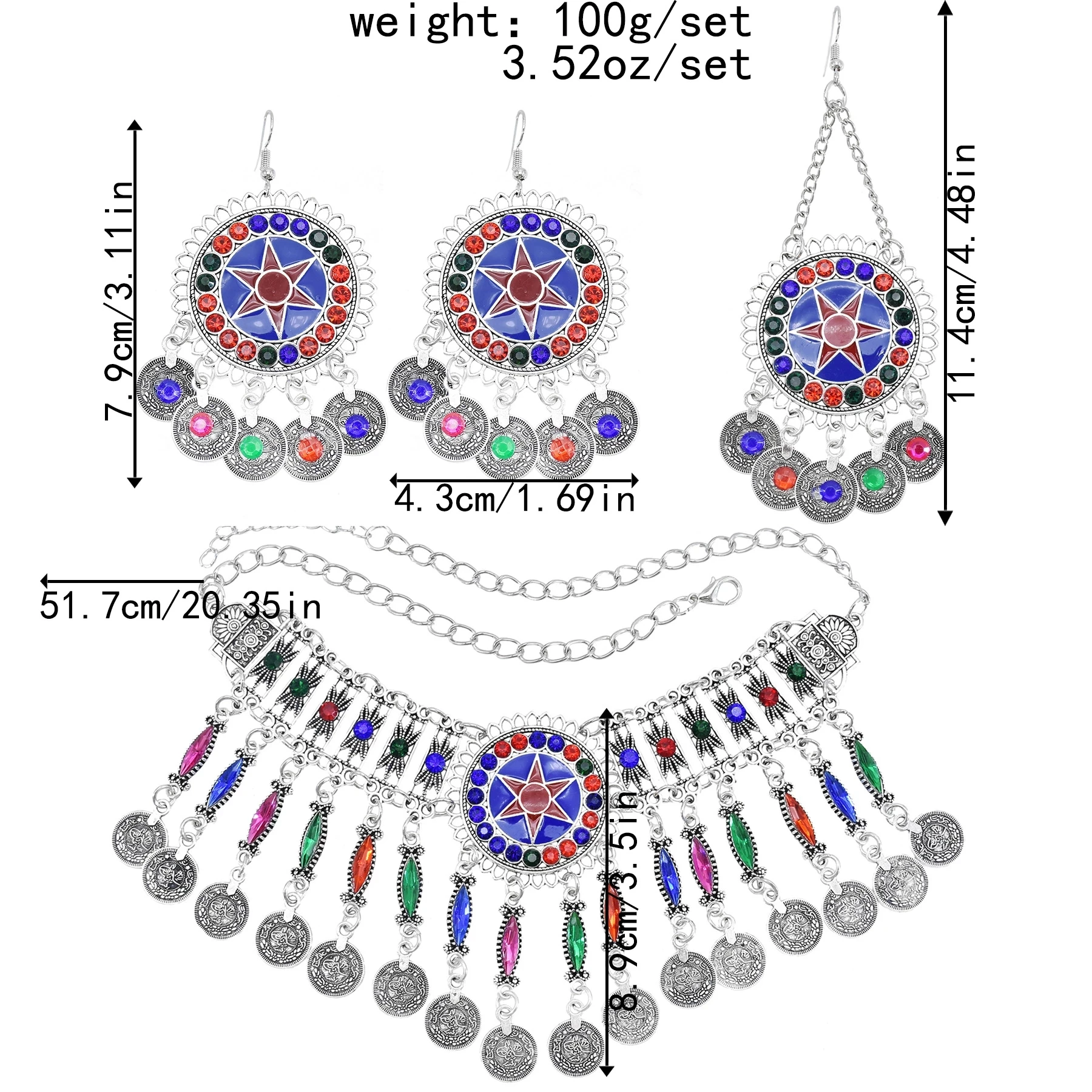 Vintage Color Rhinestone Coin Necklace Earrings for Women Ethnic Tribal Hair Clip Afghan Turkish Gypsy Statement Jewelry Sets