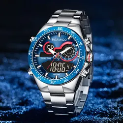 2024 BOAMIGO Mens Watches Top Brand Luxury blue Digital Quartz clock stainless steel Waterproof Sport Chronograph wirst  Watch