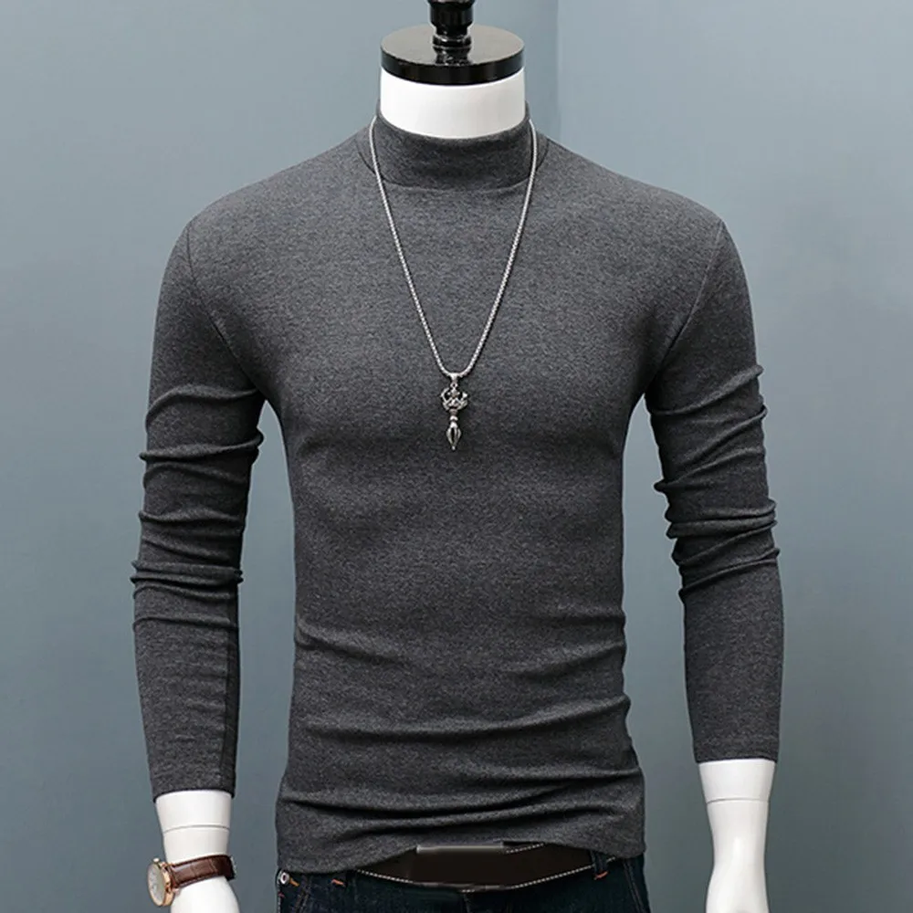 Autumn Winter Warm Men Mock Neck Basic Plain T-shirt Blouse Pullover Long Sleeve Solid Color Male Slim Basic Stretch Sweater