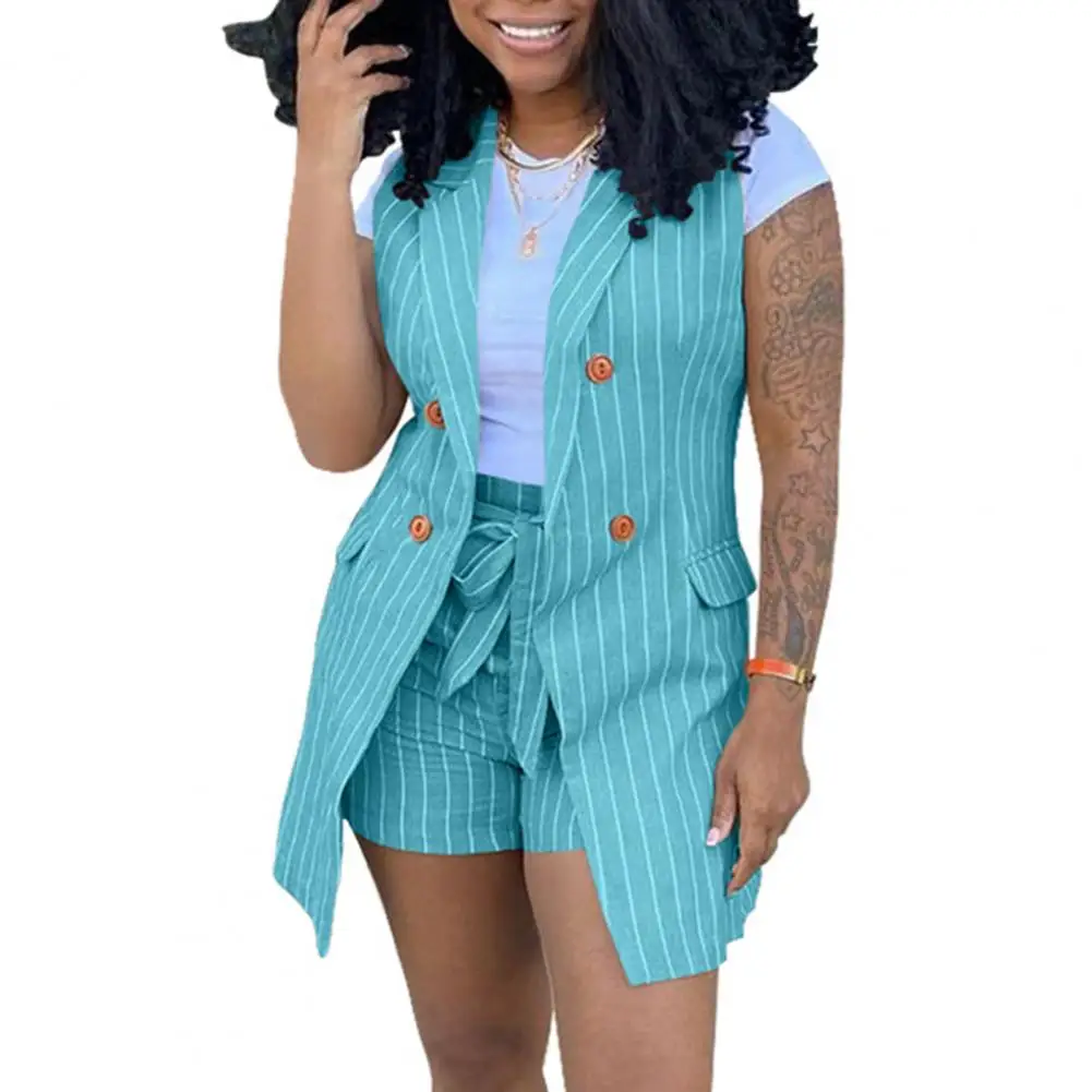 2Pcs/Set Women Blazer Sets Sleeveless Stripe Pattern Colorful Two Pieces Office Ladies Stand Collar Summer Suits Sets