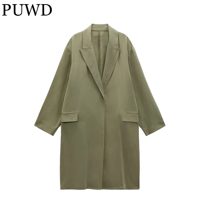 

PUWD Loose Women Green Long Sleeve Cardigan Trench Coat 2021Autumn/Winter Lapel Commuter High Street Casual Solid Female Outwear