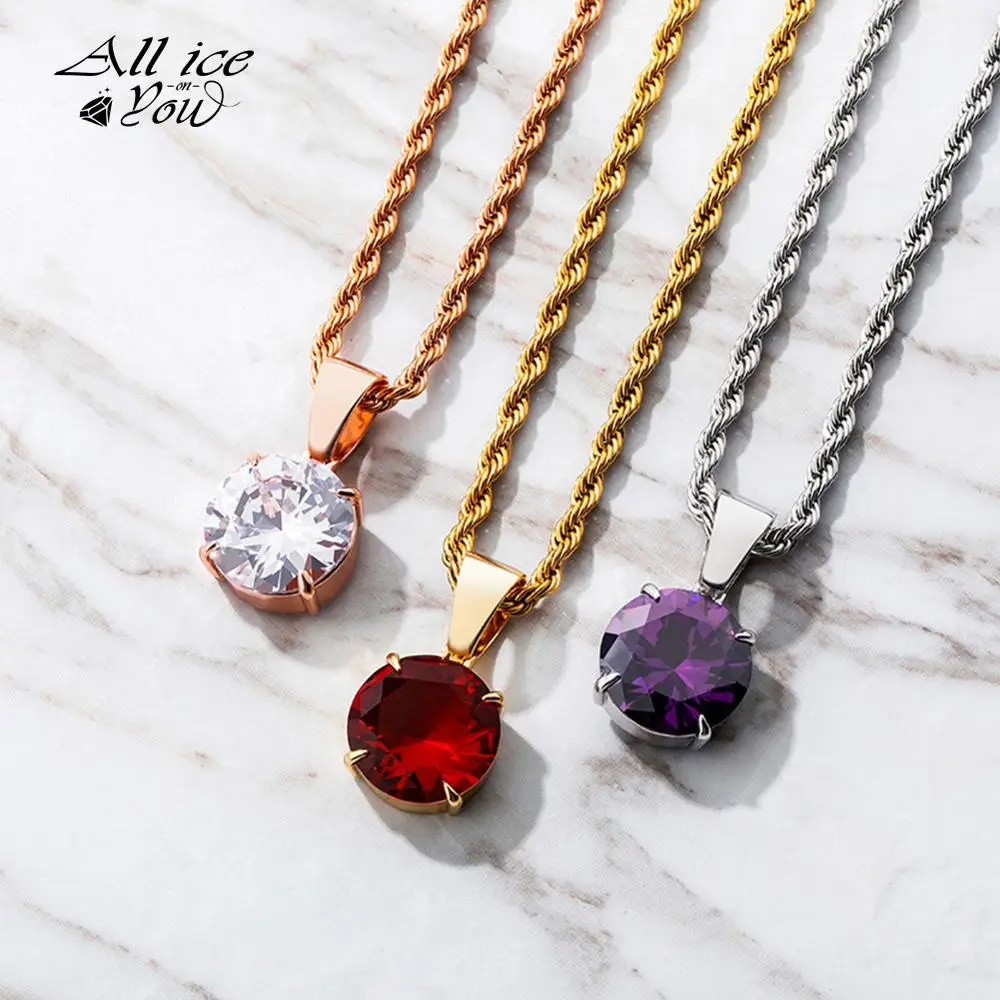 ALLICEONYOU Mens/Women AAA+ Big Cubic Zirconia Pendant Necklace Iced Out Hip Hop Gold Silver Color Charm Chain Jewelry Gifts