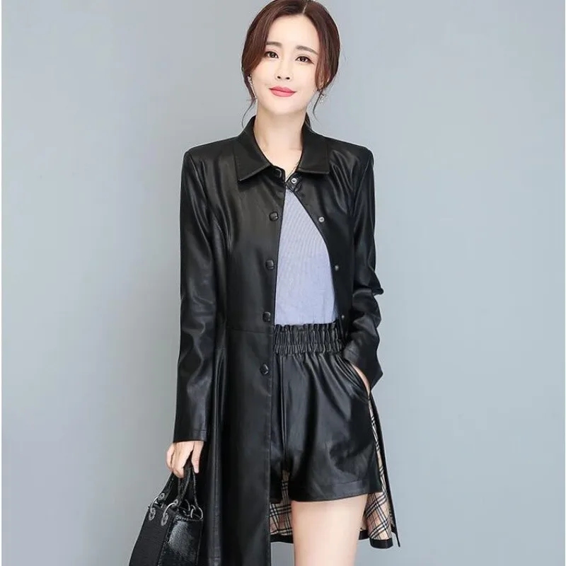 Spring Ladies Leather Long Jacket 2023 New Autumn Women Loose Sheepskin Windbreaker Lady Trench Coat Slim Plus Size Outerwear